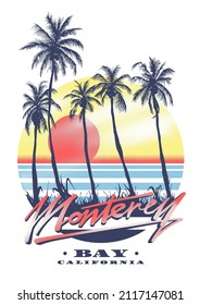 Monterey Bay palms and sun illustration print design