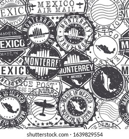 Monterrey Mexico Stamps Background. A City Stamp Vector Art. Set of Postal Passport Travel. Design Set Pattern.