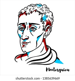 Montesquieu engraved vector portrait with ink contours. French judge, man of letters, and political philosopher.