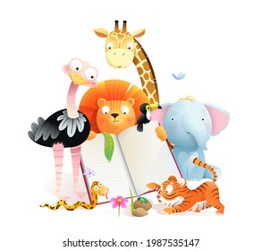 Montessori African animals class reading a book and studying. Giraffe tiger lion elephant and ostrich cute animals for children with empty notebook. Watercolor style vector clipart for children.