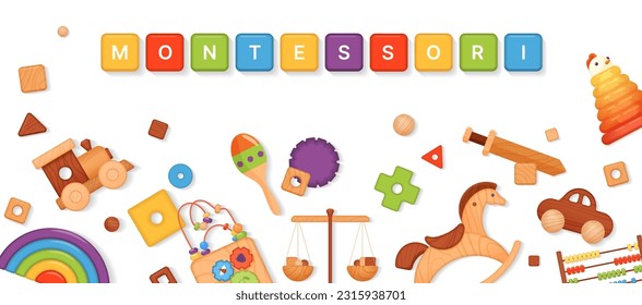 Plantilla de diseño de banners Montessori, texto Montessori sobre cubos de arcoiris y juguetes lógicos de madera para ilustración vectorial de niños preescolares. Materiales pedagógicos aislados en 3D y letras para juegos de niños pequeños