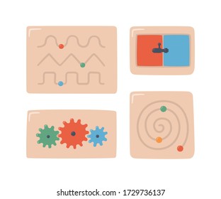 Montessori boards. Children wooden toys for preschool kids. Montessori system for early childhood development. Set of vector objects on white background