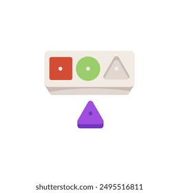 Montessori children's toy. Wooden block with holes in the form of geometric shapes into which you can insert a shape that matches the hole. Develops logical thinking. Vector illustration.