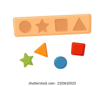 Montessori education logic toy. Baby multicolored sorter. Children wooden toy for preschool kids. Montessori system for early childhood development. Vector illustration isolated on white background.