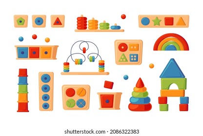 Juguetes de lógica educativa Montessori. Niños juguetes de madera para niños en edad preescolar. Sistema Montessori para el desarrollo de la primera infancia. Ordenadores multicolores. Conjunto de ilustraciones vectoriales sobre fondo blanco.