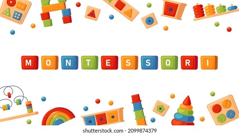 Montessori education logic toys. Children wooden toys for preschool kids. Montessori system for early childhood development. Banner with multicolored sorters. Vector illustrations on white background.