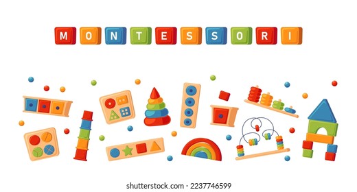 Montessori education logic toys. Children wooden toys for preschool kids. Montessori system for early childhood development. Banner with multicolored sorters. Vector illustrations on white background.