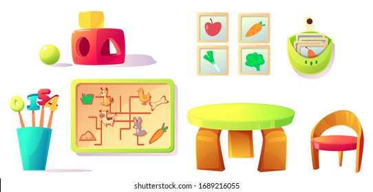 Montessori kindergarten equipment and toys for playroom, elementary school class. Wooden furniture table, chair, teaching materials sorters, digits and educational cards, cartoon vector illustration