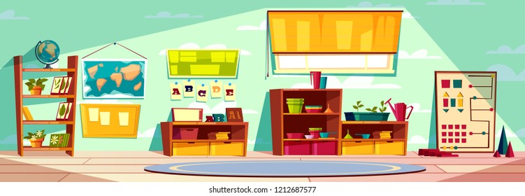 Montessori Kindergarten Playroom, Elementary School Class, Kid Room Interior Cartoon Vector Illustration With Toys, Teaching Materials, Books On Rack, World Map On Wall And Round Carpet On Floor