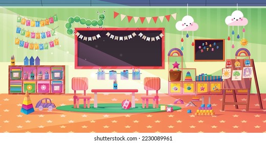 Kindergarten Montessori mit Tisch, Stühlen, Tafel und Spielzeug. Leeres Kindergartenzimmer im KinderKinderKinderKinderKinderKinderKinderKinderKinderKinderKinderKinderKinderKinderKindertagesstätte mit Holzmöbeln und Spielzeug, Vektorgrafik-Illustration