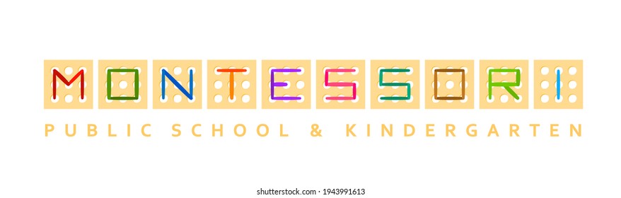 Montessori logotype. Public school and kindergarten logo. Creative childhood sign. Unique pedagogical experience. Educational symbol. Graphic design. Vector illustration isolated on white background