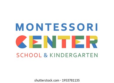 Montessori logotype. Public school and kindergarten logo. Creative childhood sign. Unique pedagogical experience. Educational symbol. Graphic design. Vector illustration isolated on white background