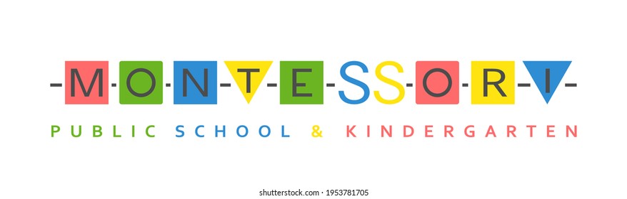 Montessori logotype. Public school and kindergarten logo. Creative childhood sign. Unique pedagogical experience. Educational symbol. Graphic design. Vector illustration isolated on white background