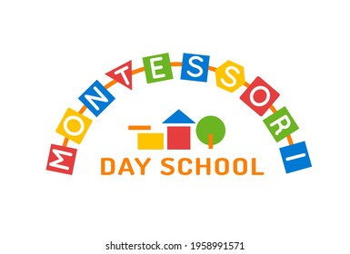 Montessori logotype. Public school and kindergarten logo. Creative childhood sign. Unique pedagogical experience. Educational symbol. Graphic design. Vector illustration isolated on white background