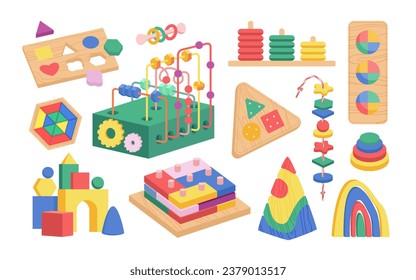 Montessori Berufs-Spielzeug Set Vektorgrafik. Cartoon einzeln auf Holzblöcken und Puzzleteile für Vorschulkinder, pädagogische Therapie im Kindergarten für feinmotorische Aktivität und Frühentwicklung