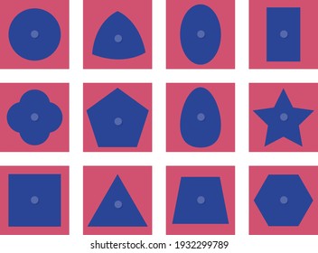 Montessori Quatrefoil and Metal Insets: circle, square, triangle, rectangle, oval, ellipse, quadrilateral, curved triangle, trapezoid, pentagon, hexagon, star. Montessori game for kids. 