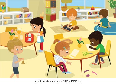 Montessori School Class. Vector Illustrations Of Children In The Playroom, Boys And Girls Involved In Montessori Activities, Sew, Make A Collage, Pour Water, Walking With The Bell, And Have Fun.