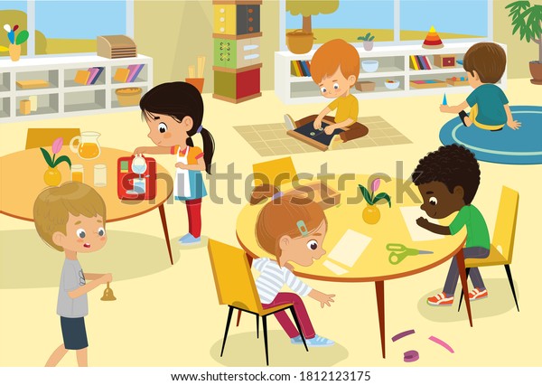 Montessori School Class Vector Illustrations Children Stock Vector ...