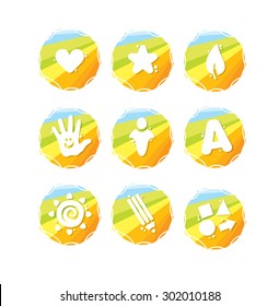 Montessori School Creative Vector Concept. Colorful Bright Kids Education Icons Set 