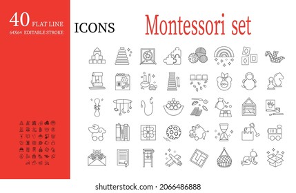 Montessori Set Of Thin Line Icons For  Early Children's Education.  Highlights Covers For Instagram.