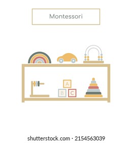 Montessori shelves. Children wooden eco friendly toys. Montessori school or kindergarten. Vector illustration.