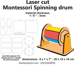 Tambor giratorio Montessori Material educativo de plantilla de vector de corte láser 