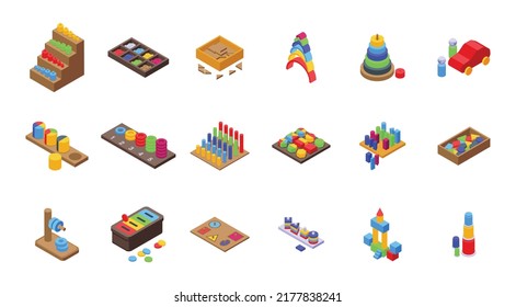 Montessori System Icons Set Isometric Vector. Block Childhood. Children Development