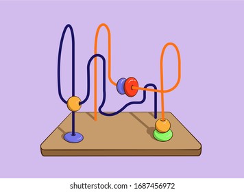 Montessori toy balls of different colors and forms on wire.