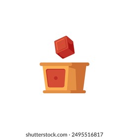 Montessori toy illustration. Vector illustration image of a red cube being placed into a wooden box with a square cutout, representing early childhood educational play.