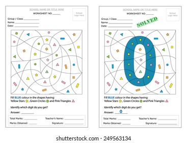 Montessori Worksheet: Fill the defined shapes with color & identify the hidden digit. Includes learning of basic shapes & digits. Ready to print worksheet and can be edited as required.