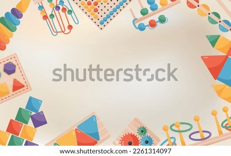 Montessory color background with frame consisting of retro educational games elements flat vector illustration