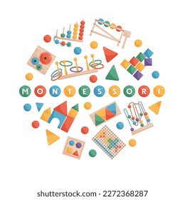 Montessory round design concept consisting of mosaic abacus and other wooden elements for retro educational children games isolated vector illustration