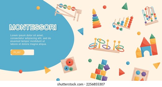 Montessory web banner decorated with retro wooden colorful educational toys flat vector illustration