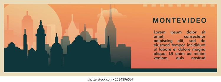 Montevideo city brutalism vector banner with skyline, cityscape. Uruguay capital retro horizontal illustration. Travel layout for web presentation, header, footer