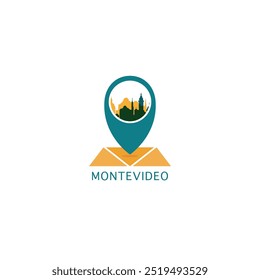 Montevidéu mapa da cidade pin point geolocalização moderno skyline vetor logotipo ícone isolado ilustração. Emblema de ponteiro capital do Uruguai com marcos e silhuetas de construção