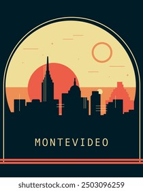 Montevideo city retro style poster with skyline, cityscape. Uruguay capital vintage vector illustration. Travel front cover, brochure, flyer, leaflet template, layout image