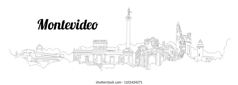 Montevideo city vector panoramic hand drawing sketch illustration 