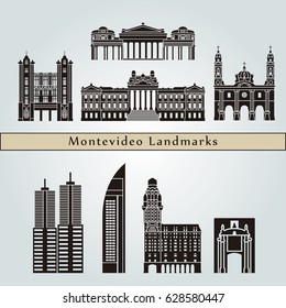 Montevideo landmarks and monuments isolated on blue background in editable vector file