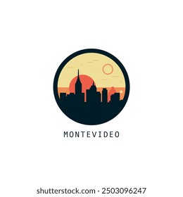 Montevideo skyline, downtown panorama logo, logotype. Uruguay capital city round badge contour, isolated vector vintage pictogram with monuments, landmarks