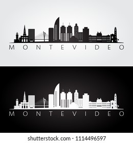 Montevideo skyline and landmarks silhouette, black and white design, vector illustration.