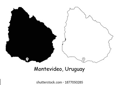 Montevideo, Uruguay. Detailed Country Map with Location Pin on Capital City. Black silhouette and outline maps isolated on white background. EPS Vector