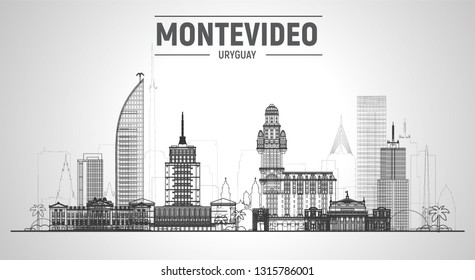 Montevideo Uruguay line skyline with panorama in white background. Vector Illustration. Business travel and tourism concept with modern buildings. Image for banner or web site. 