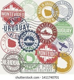 Montevideo Uruguay Set of Stamps. Travel Stamp. Made In Product. Design Seals Old Style Insignia.