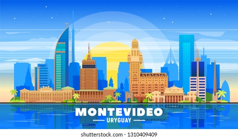 Montevideo Uruguay skyline with panorama in sky background. Vector Illustration. Business travel and tourism concept with modern buildings. Image for banner or web site.