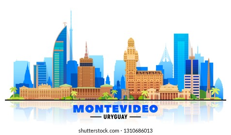 Montevideo Uruguay skyline with panorama in white background. Vector Illustration. Business travel and tourism concept with modern buildings. Image for banner or web site.