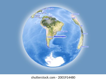 Montevideo-Uruguay is shown on vector globe map. The map shows Montevideo-Uruguay 's location in the world.