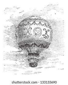 Globo de aire caliente Montgolfier, ilustración vintage grabada. Diccionario de Palabras y Cosas - Larive y Fleury - 1895