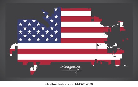 Montgomery Alabama City map with American national flag illustration