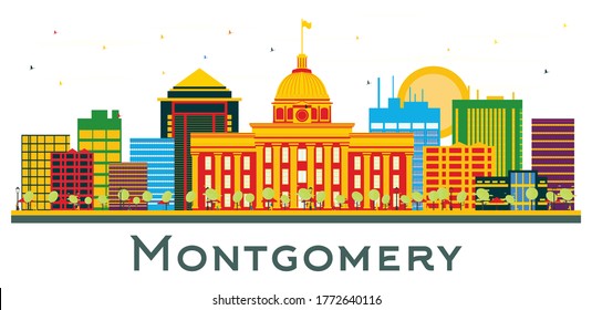 Montgomery Alabama City Skyline with Color Buildings Isolated on White. Vector Illustration. Business Travel and Tourism Concept with Historic Architecture. Montgomery USA Cityscape with Landmarks.