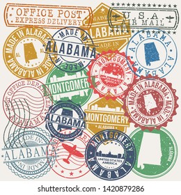 Montgomery Alabama Set of Stamps. Travel Stamp. Made In Product. Design Seals Old Style Insignia.